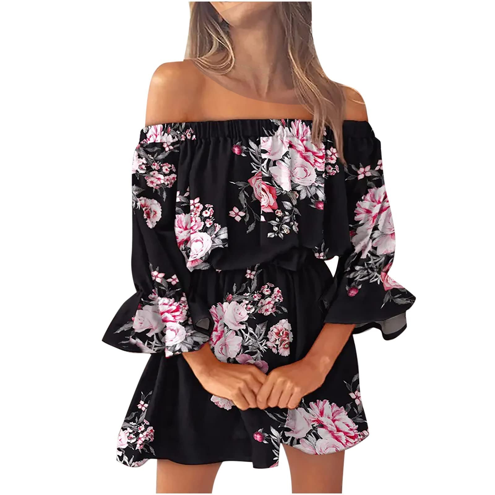 Boho Dresses for Women 2023 Summer Sexy Off Shoulder Floral Print Flare Sleeve Tunic Dress Women Casual Mini Sundress Vestido - Seprincess