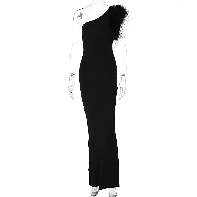 Dulzura Black Sleeveless One Shoulder Feather Maxi Dress For Women Bodycon Sexy Party Elegant Long Dress Birthday Evening Outfit - Seprincess