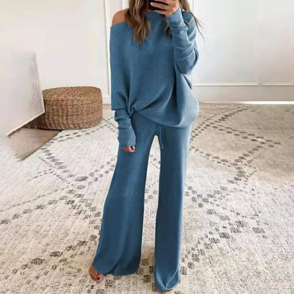 1 Set Pullover Pants Women Outfit Solid Color Drawstring Autumn Winter Slanted Neck Sweatshirt Sweatpants Two-Piece Set - Seprincess