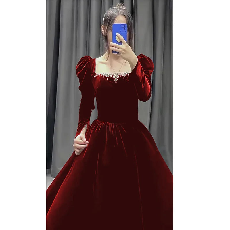 Chinese Bridal Wedding Qipao Sexy Square Neck Dress Pleated Cheongsam Formal Party Dresses Gown Long Sleeve Fairy Vestidos - Seprincess