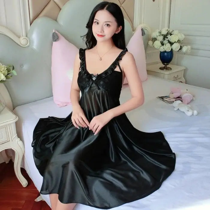 Thin Silk Lady Charming Sleepwear Night Dress Women Sexy Soft Lingerie Spaghetti Strap Home Wear Honeymoon Bride Wedding Nighty - Seprincess