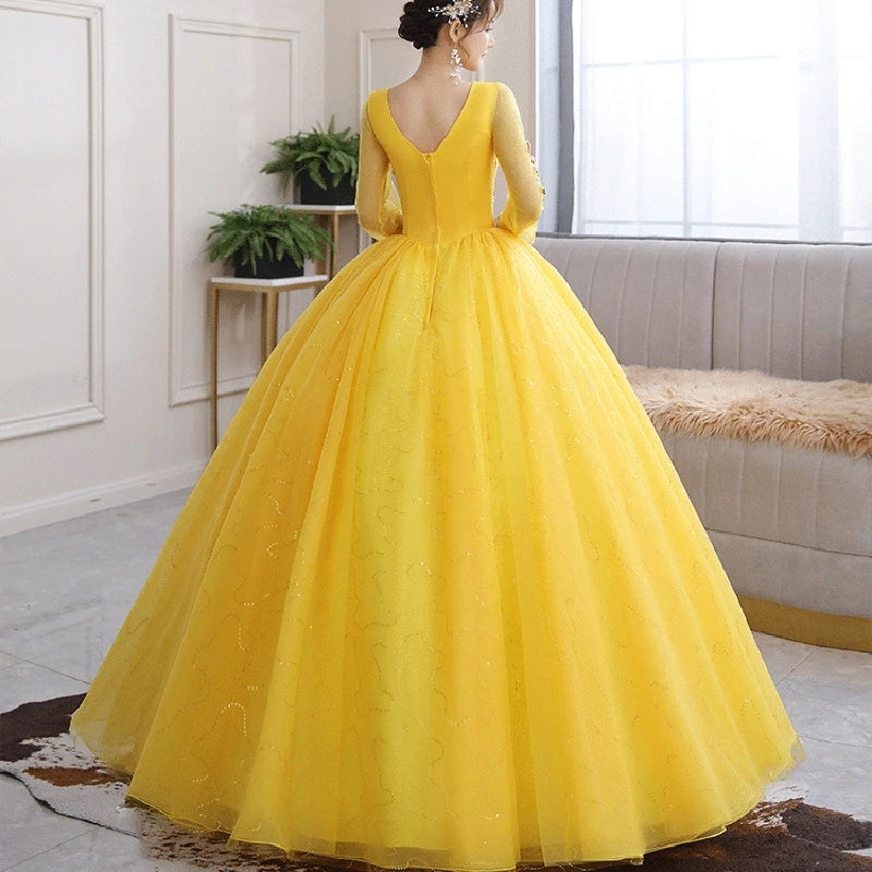 Shiny Ball Gown Women Evening Dresses Appliques Tulle V Neck Appliques Prom Birthday Party Gowns Formal Occasion - Seprincess