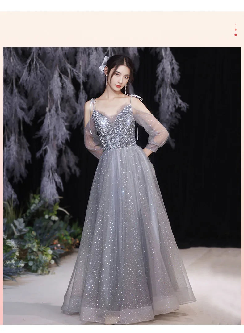 Grey Bridesmaid Evening Dress Women Off Shoulder Sequins Wedding Party Vestidos Fairy Temperament Sisters Group Gown Summer