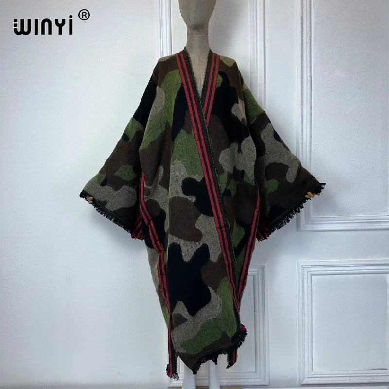 WINYI camouflage colour African women winter kimono long sleeve OverCoat abaya dubai luxury Open Front Long Cardigan party dress - Seprincess