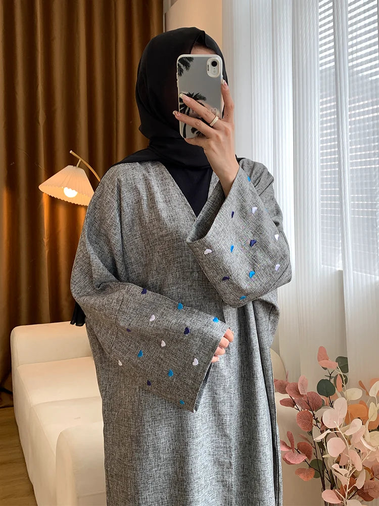 Eid Linen Abaya One Piece Open Cardigan with Heart Design Bat Sleeve Muslim Women Outwear 2024 Ramadan Dubai Arabic Kimono - Seprincess