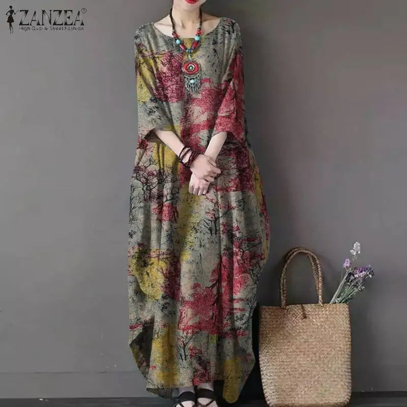 Vintage Printed Dresses ZANZEA Autumn Sundress Women Bohemian Casual Long Sleeve O Neck Dress Elegant Loose Maxi Vestidos Robe - Seprincess