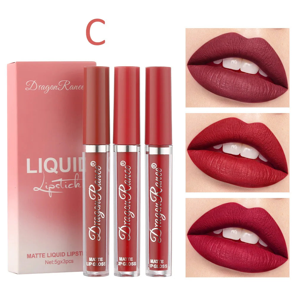 Dragon Ranee Set of 3pcs Velvet Lip Glaze Matte Lipstick Soya Lasting Lip Colour - Seprincess