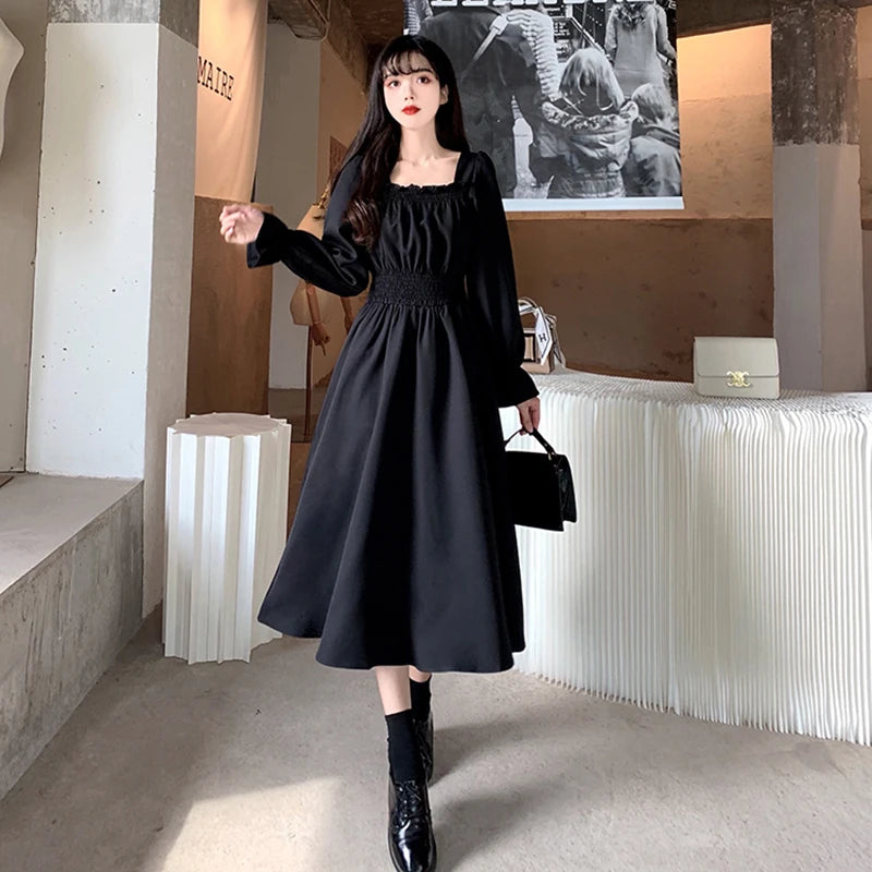 Women Black Folds Elegant Long Dress Retro Loose Sweet Square Collar Female Dress Spring Autumn All Match Casual Ladies Vestidos - Seprincess