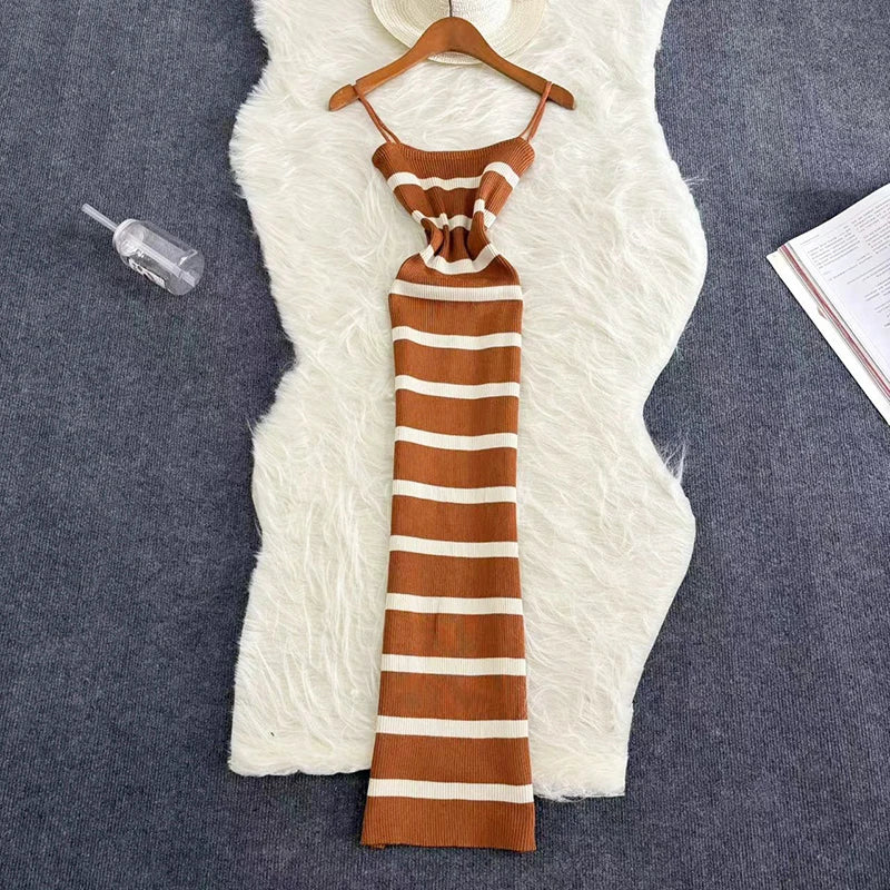 Summer Stripe Elastic Bodycon Strap Dress 2024 Sexy Beach Sundress Women Casual Slim Pencil Vestidos Maxi Long Dress - Seprincess