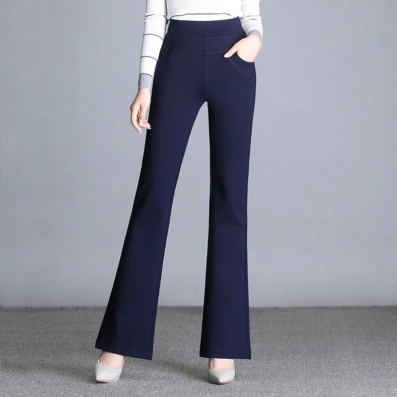 New Women's Autumn Spring Tight Flare Pants Red High Waist  Blue Elastic Band Trousers Fashion Casual Stretch Pants 6XL