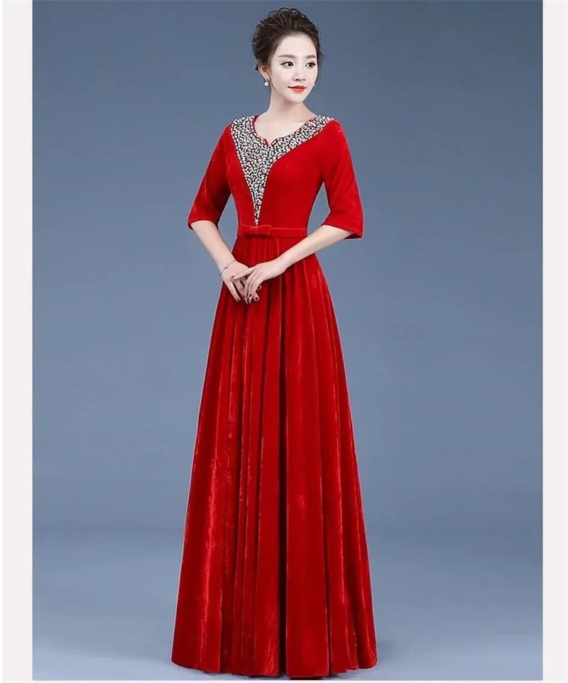 Golden Velvet Chorus Performance Dress New Year Eve Spring Festival Gala Women Chinese Slim Fit Mother Chorus Conductor Clothing - Seprincess