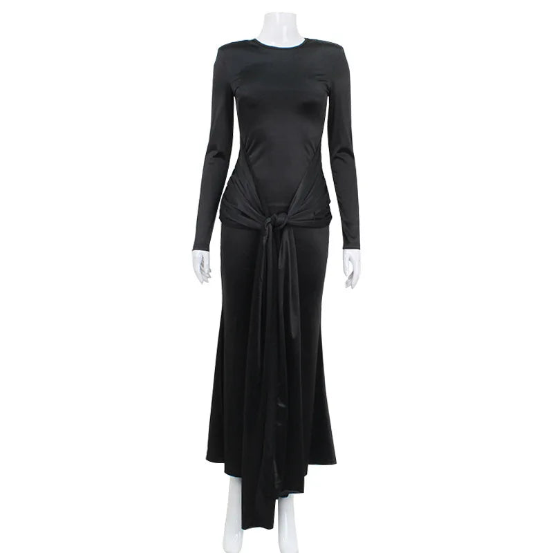 Silk Fold Dresses For Women Fashion Sexy Streetwear Solid Full Sleeves O-Neck Bodycone Party Elegant Long Vestidos Robes Female - Seprincess