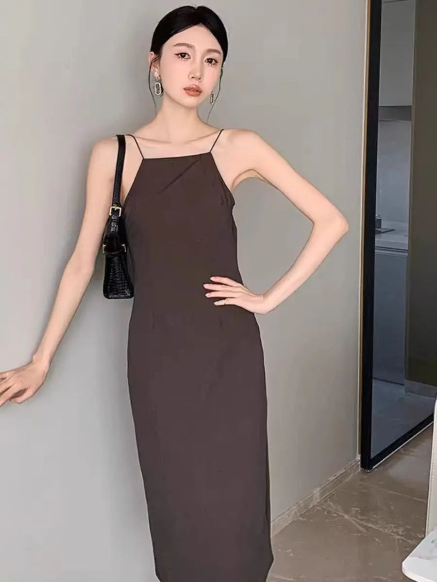 European And American One Neck Backless Spider Web Hollowed Out Suspender Slim Fit Slit Dress For Summer Women - Seprincess