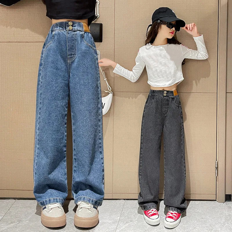 Spring Autumn Teenager Girls Denim Pants Children Trousers New Fashion Solid Color Girls Wide Leg Jeans 4-14 Years Kids Clothes