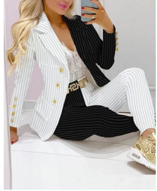 Autumn Winter New Printed Suit Long Sleeve For Women's Suit Fashion Color Matching Slim Elegant Female Office 2 Piece Set 2023 - Seprincess