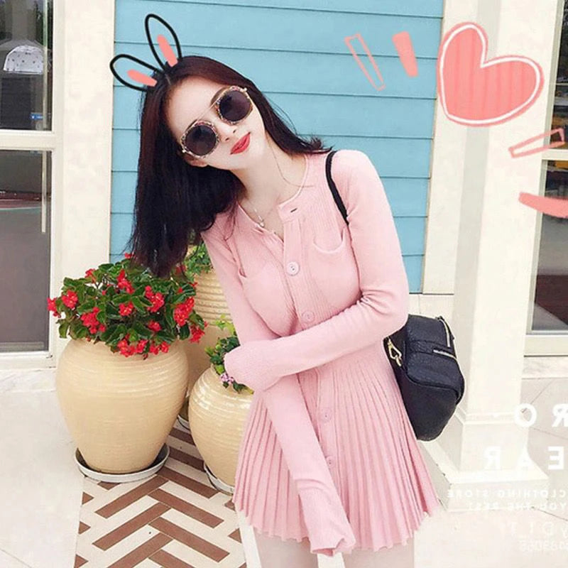 MEXZT Knitted Pleated Mini Dress Women Vintage Black Sweater Dresses Winter Korean Elegant Long Sleeve Pink Bodycon Vestidos New - Seprincess