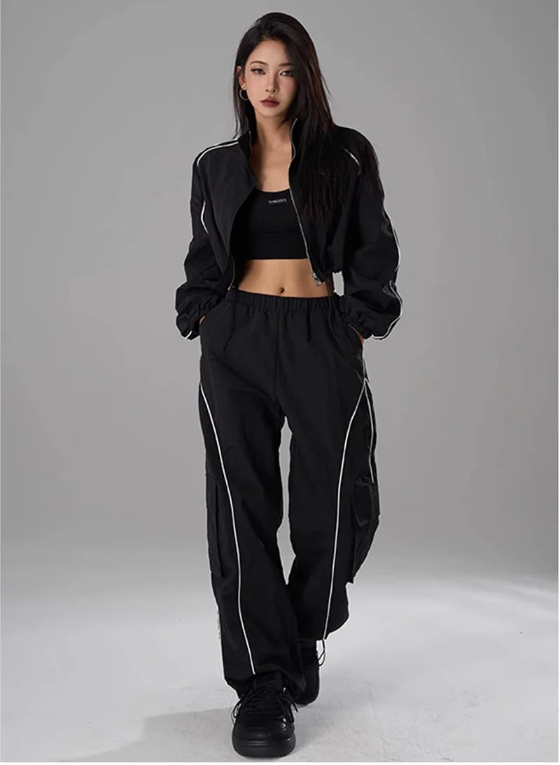 Hip Hop Sports Suit Two-piece Set Women Black Short Track Jacket +Sweatpants Joggers Dance Tracksuit Female Cropped Jacket Sets - Seprincess