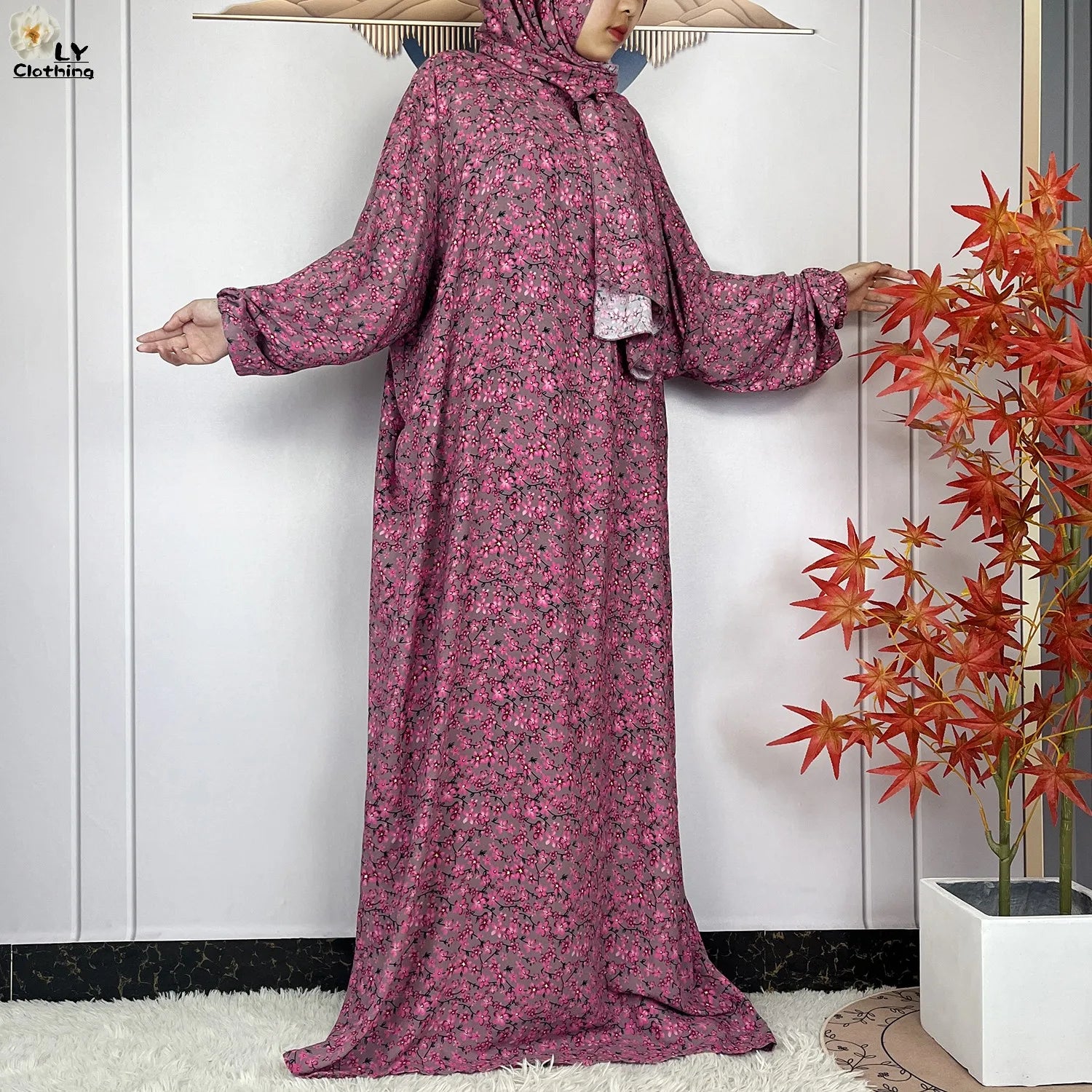 2024Latest Muslim Abayas For Women Ramadan Prayer Maxi Dubai Turkey Femme Cotton Robe Floral Loose African Dress Turban Attached - Seprincess