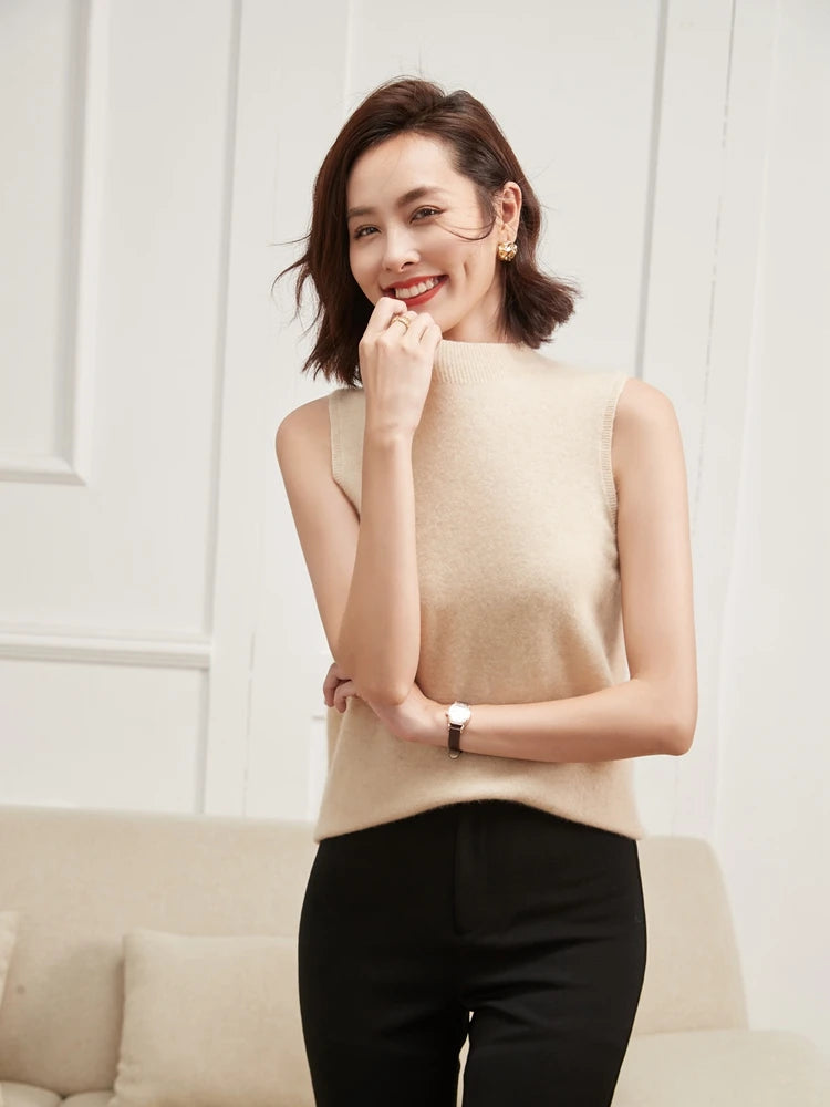 ADDONEE 100% Cashmere Women Summer Vest Mock Neck Thin Casual Sleeveless Pullover Office Lady Baisc Grace Cashmere Sweater Tops