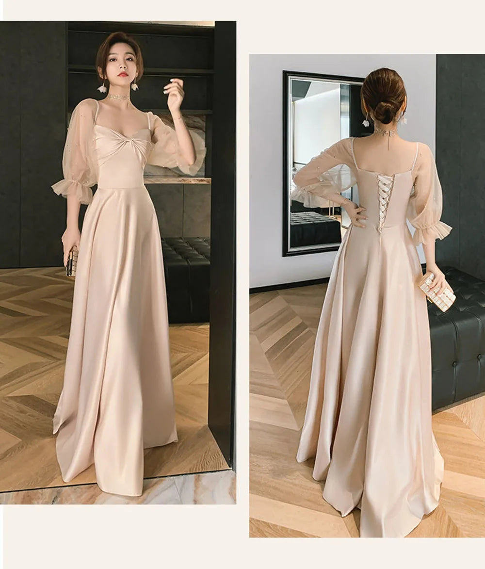 4 Styles Satin Solid Bridesmaid Dress Women Elegant Floor Length Slim Fit Spliced Tulle Puff Sleeve Wedding Party Guest Vestido - Seprincess