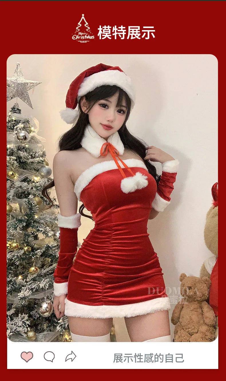 Fashion Sexy Korean Women Christmas Decoration Short Dress Elegant Velvet Sexy Female Cosplay Halloween Performance Dress 6BVH - Seprincess