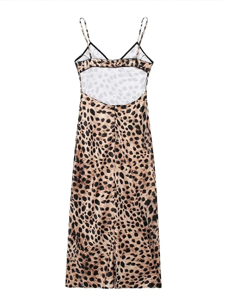 Silk Satin Leopard Printed Suspender Dresses Sexy Slim-Fit Evening Gown Waist Cinching Personality Retro Women Halter Long Dress - Seprincess