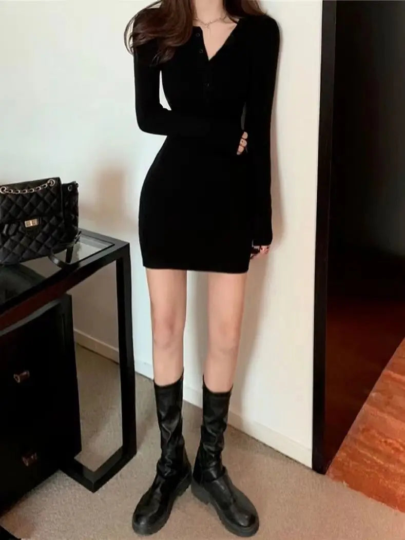 Gagarich Woman Korean High-end Waist Hot Girl Black Hip Dress Autumn Winter New Style Long Sleeved Knitted Short Vestidos - Seprincess