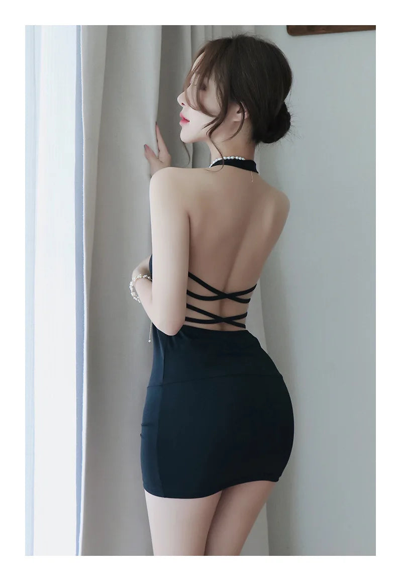 Summer New Women Sexy Dress Deep V-Neck Slim Hot Backless Mini Dress Female Bandage Halter Patchwork Mini Vestidos - Seprincess