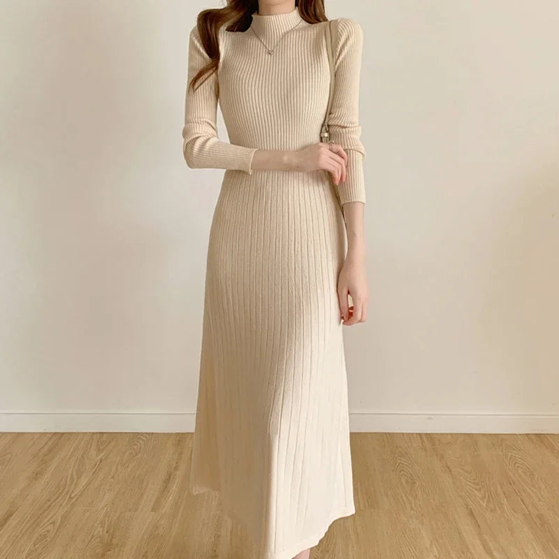 Autumn Winter 2024 Slim Long Sleeve Party Midi Dress for Women Knitted Half High Collar Elegant Knitted Sweater Dresses Ladies - Seprincess