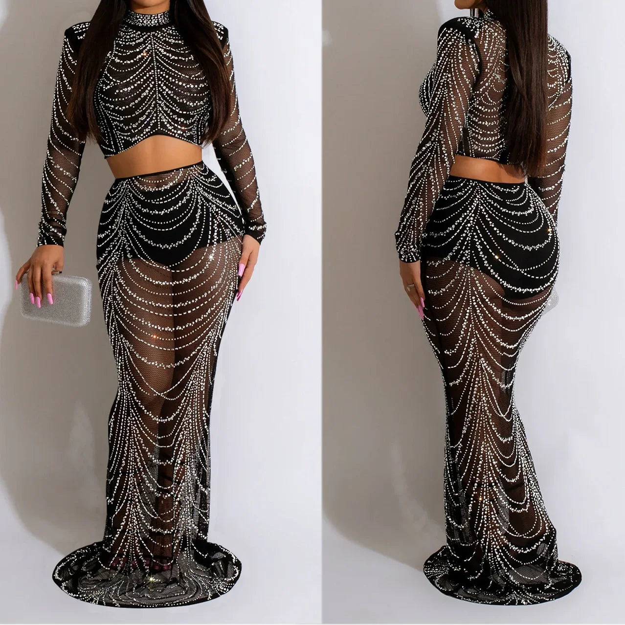 Womens 2pcs Set Dresses For Formal Occasions Criss-Cross Long Dress Rhinestone Long Sleeve Mesh Elegant Party Evening Dress HX12 - Seprincess