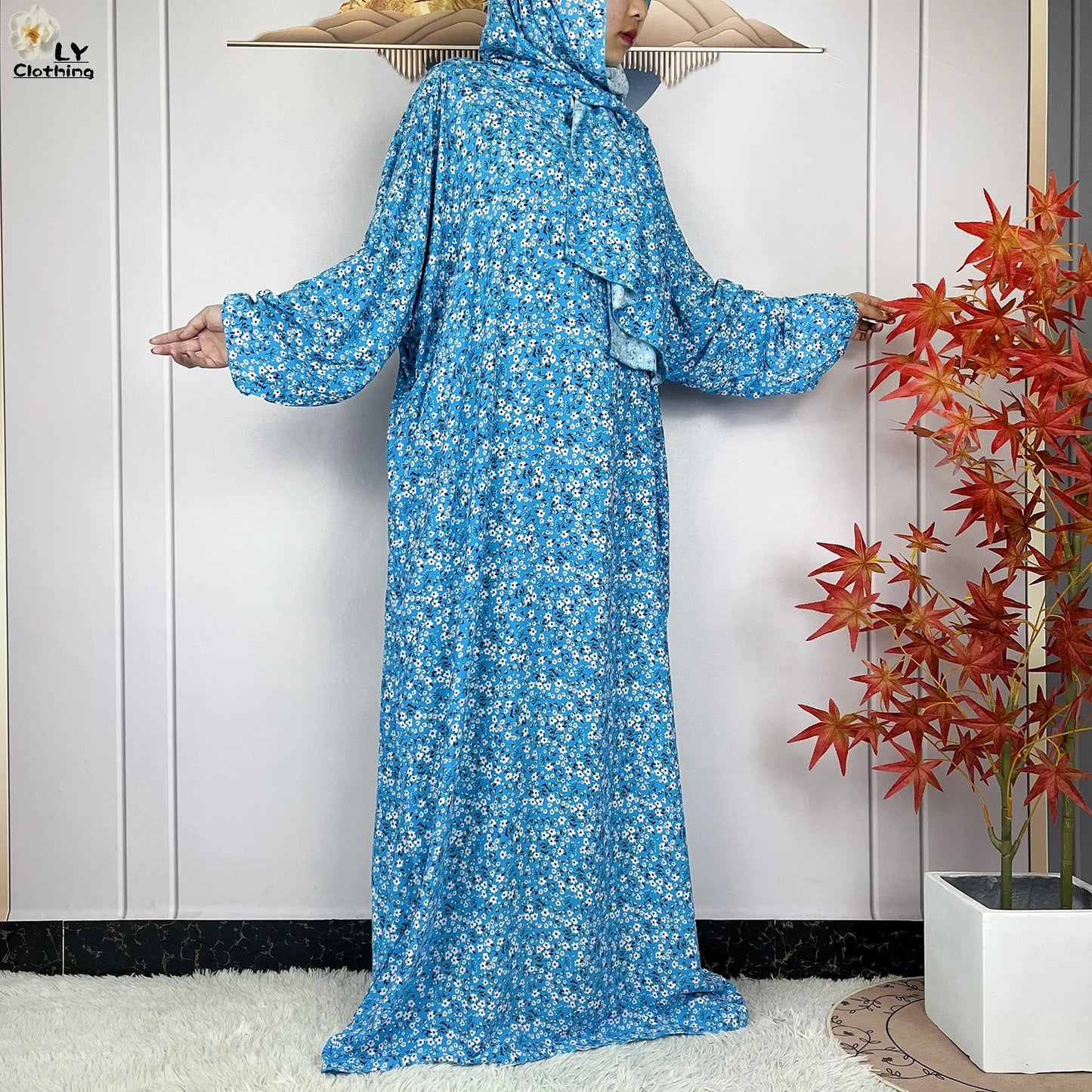 2024Latest Muslim Abayas For Women Ramadan Prayer Maxi Dubai Turkey Femme Cotton Robe Floral Loose African Dress Turban Attached