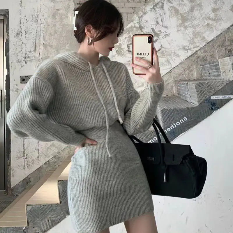 Women Winter Dress Knitted Sweater Solid Slim Elastic Hoodie Dress High Waist Vintage Pullovers Sniper Style Mini Dress Korean - Seprincess