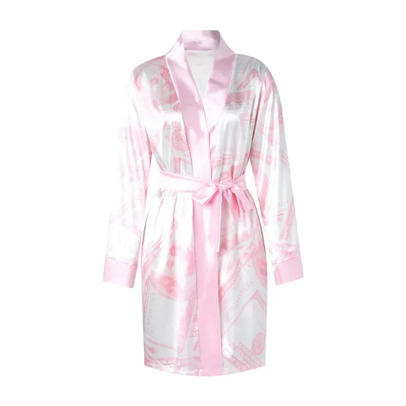 Xingqing Women Satin Robe Fashion Dollar Print Long Sleeve Silky Kimono Bathrobe Sleepwear Woman Nightwear Ladies Robes Dresses - Seprincess