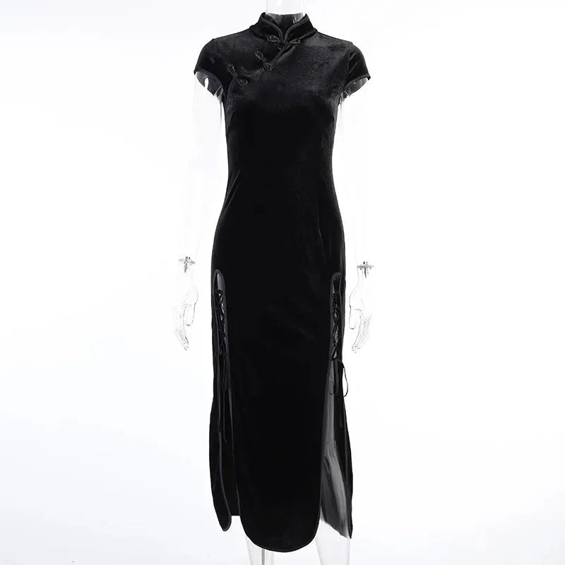 Chinese Retro Black Cheongsam Lady Elegant Evening Dresses Party Gothic Qipao Women High Split Bandage Sexy Oriental Long Dress - Seprincess