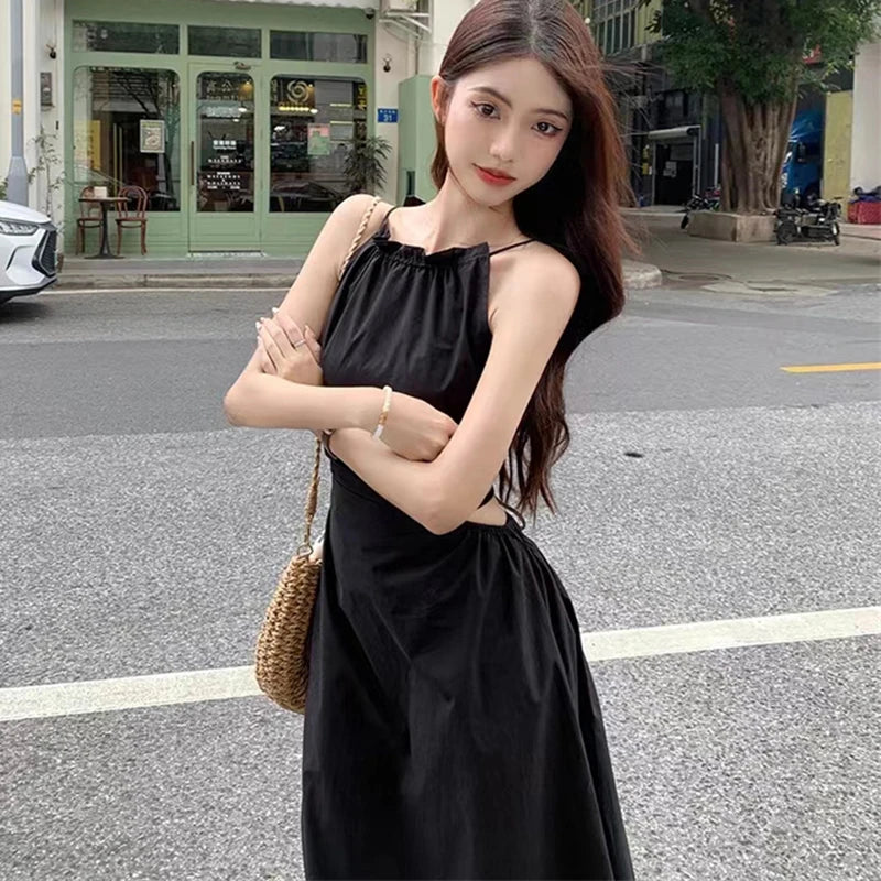 Fashion and Casual Summer Halter Hollow Sleeveless Tassel Solid Color Simple and Generous Hem Holiday Beach Women's Long Dress - Seprincess