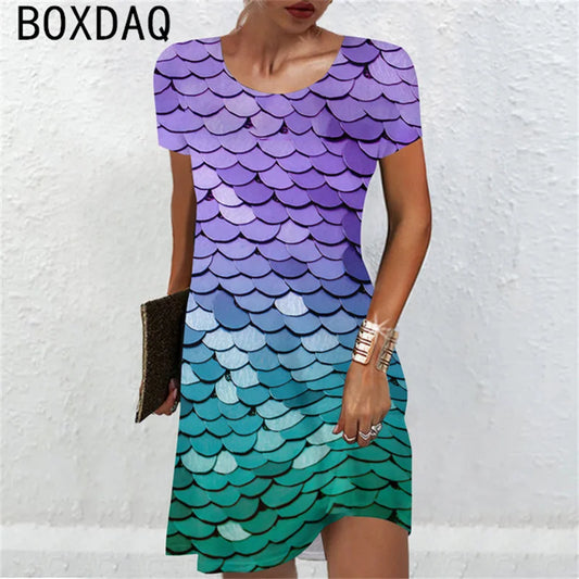 Women Short Sleeve O-Neck A-Line Mini Dress Sexy Snake Colorful Scale Pattern Printed Dress Large Size Lady Casual Sundress - Seprincess