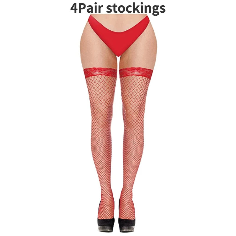 4 Pairs Women Stockings Fishnet Thigh High Top Over The Knee Stocking Sexy Women's Stockings with Lace Top Hosiery Club Wear