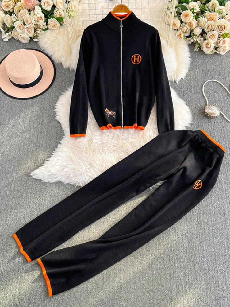 Women's Long Sleeved Knitted Sweater High Waist Slim Straight Leg Pants Two-piece Set Y2k Korean Autumn - Seprincess