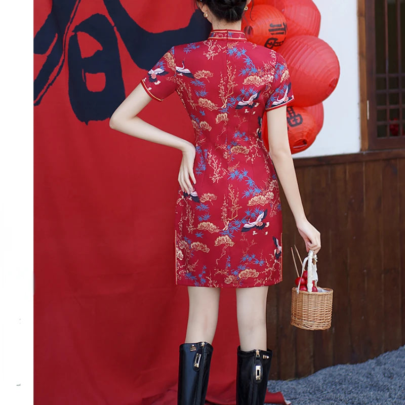 Red Chinese Style Modern Cheongsam Summer New Improved Stitching Short Women's Qipao Dress - Seprincess