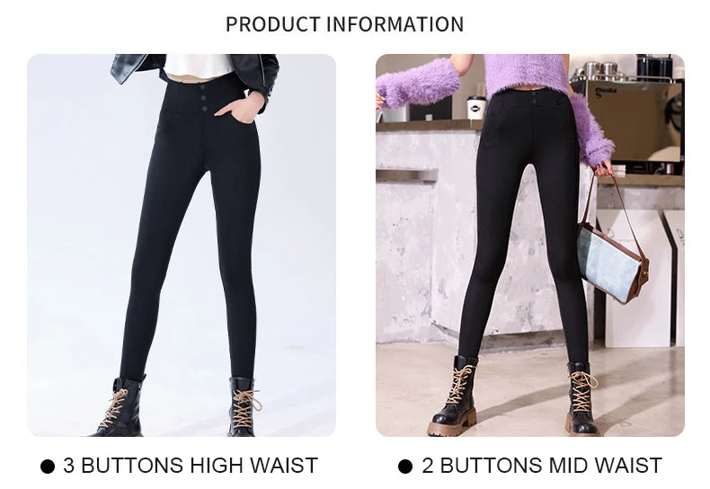 BIVIGAOS High Waist Button Pocket Shark Leggings Women Winter Thicken Black Pencil Pants Stretch Velvet Warm Butt Lifter Pants