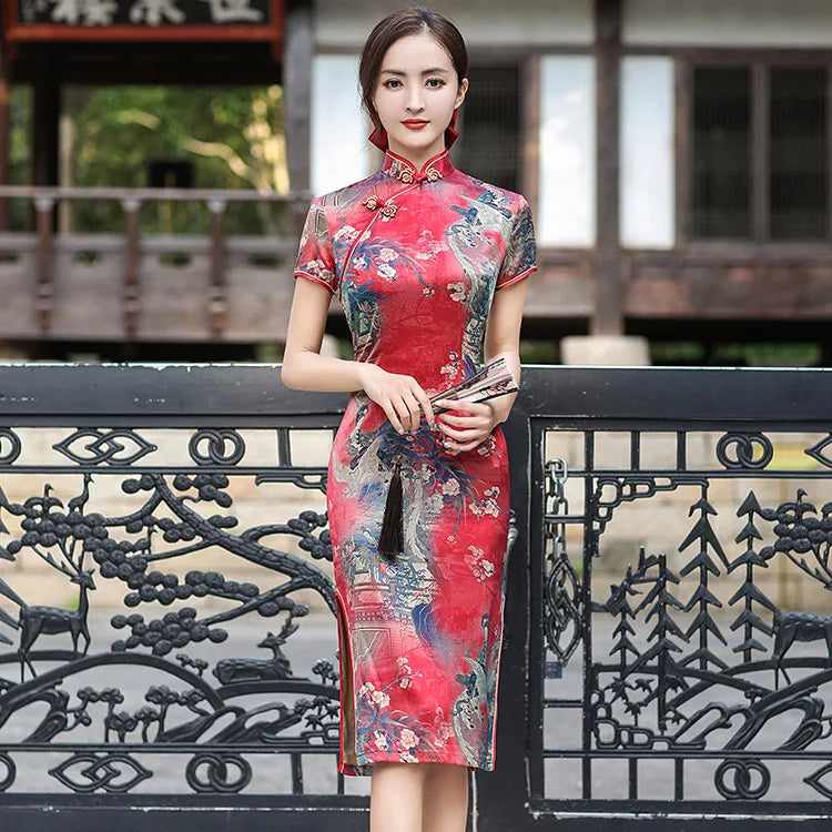 Elegant Print Female Qipao Traditional Classic Chinese Dress Asian Clothing Sexy Slim Short Cheongsam Mandarin Collar Vestidos - Seprincess