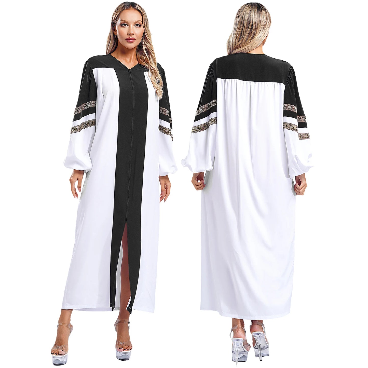 Womens Mens Church Choir Robe Halloween Cosplay Theme Party Costume V-Neck Embroidered Stripes Long Sleeve Zipper Clergy Gown - Seprincess