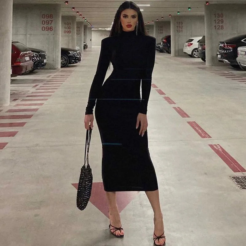 Women 2024 Spring Autumn Fashion Long Sleeve Streetwear Bodycon Black Midi Dress Wholesale Items For Business - Seprincess