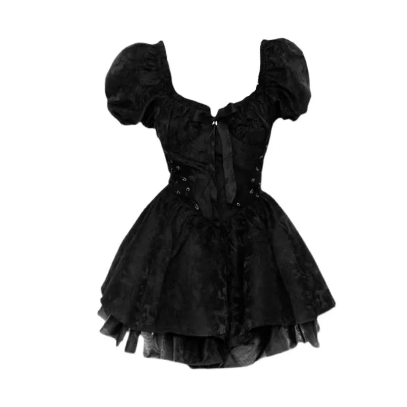 Gothic Black Mini Dress Women Vintage Sexy Spaghetti Strap High Waist  Dresses 90s Egirl Punk Grunge Slim Party Club Dress Women - Seprincess