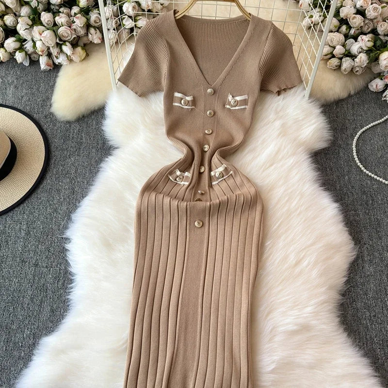 Elegant Knitted Long Dress Women Summer V Neck Single Breatsed Short Sleelve Bodycon Dresses Fashion Party Office Lady Vestidos - Seprincess