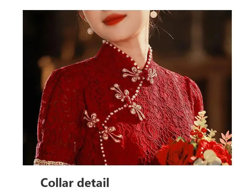 Mermaid Chinese Traditional Dress Red Wedding Bride Toast Clothing Sexy Ladies Cheongsam for Evening Party Woman Vintage Qipao - Seprincess