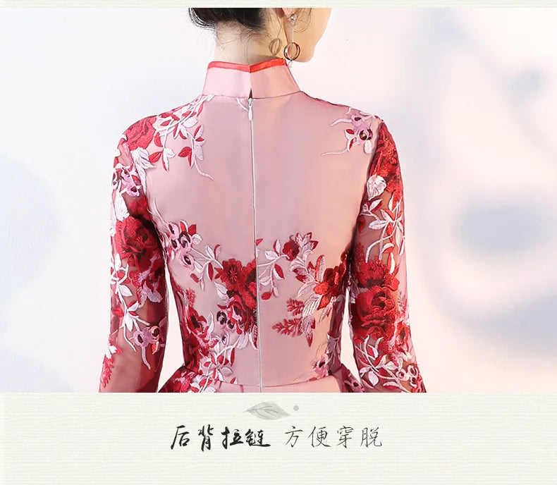 Red Lace Embroidery A-Line Banquet Dresses Vintage Mandarin Collar Chinese Gown Cheongsam Skirt Wedding Party Dress Vestidos - Seprincess