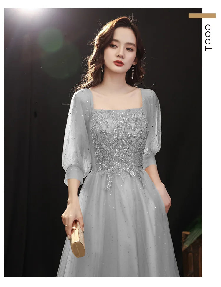 Grey Shining long lady girl women princess banquet party ballbridesmaid performance prom dress performance gown - Seprincess