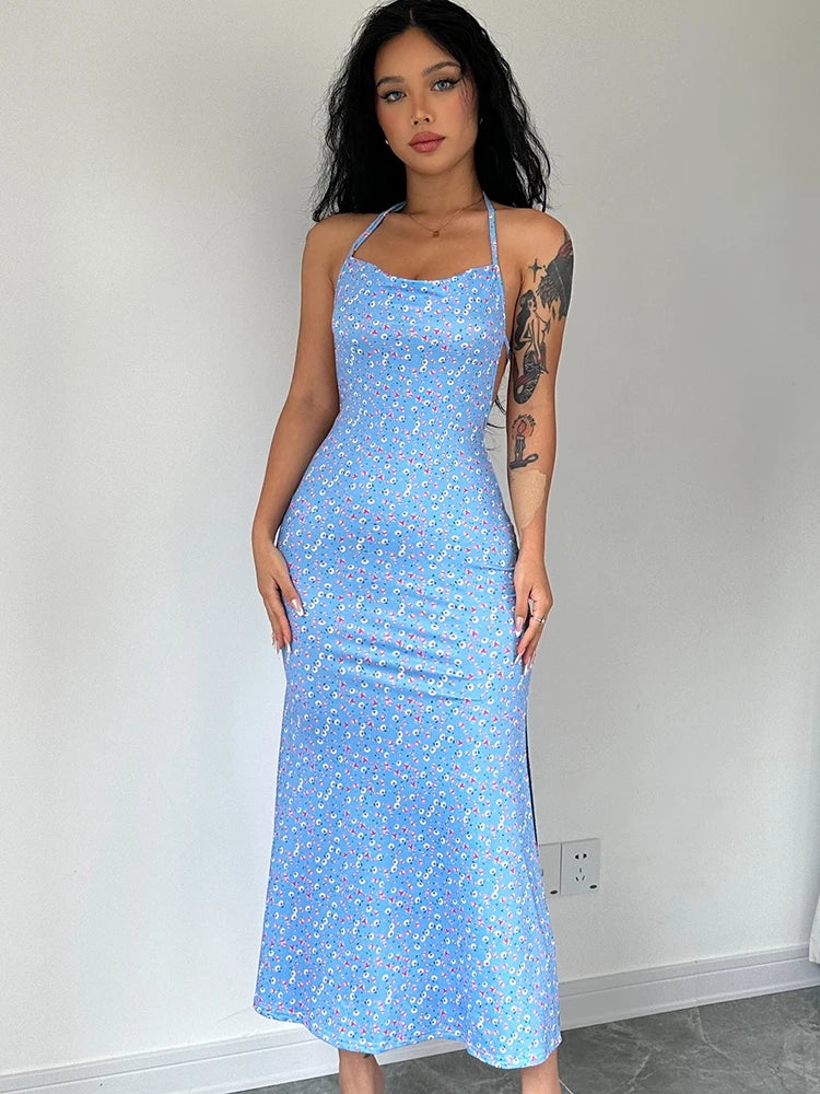 Dulzura Lace Up Halter Floral Long Dress For Women Backless Bodycon Midi Dress Sexy Party Club Outfit Streetwear Sundress Summer - Seprincess