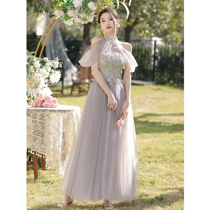 Temperament Grey Bridesmaid Dress Long Wedding Sisters Group Gown Elegant Applique Tulle Off Shoulder Banquet Party Vestido - Seprincess